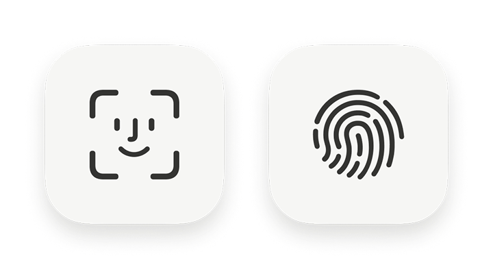 Icons of biometric log in types, which include Apple's Face ID and Android's fingerprint capabilities
